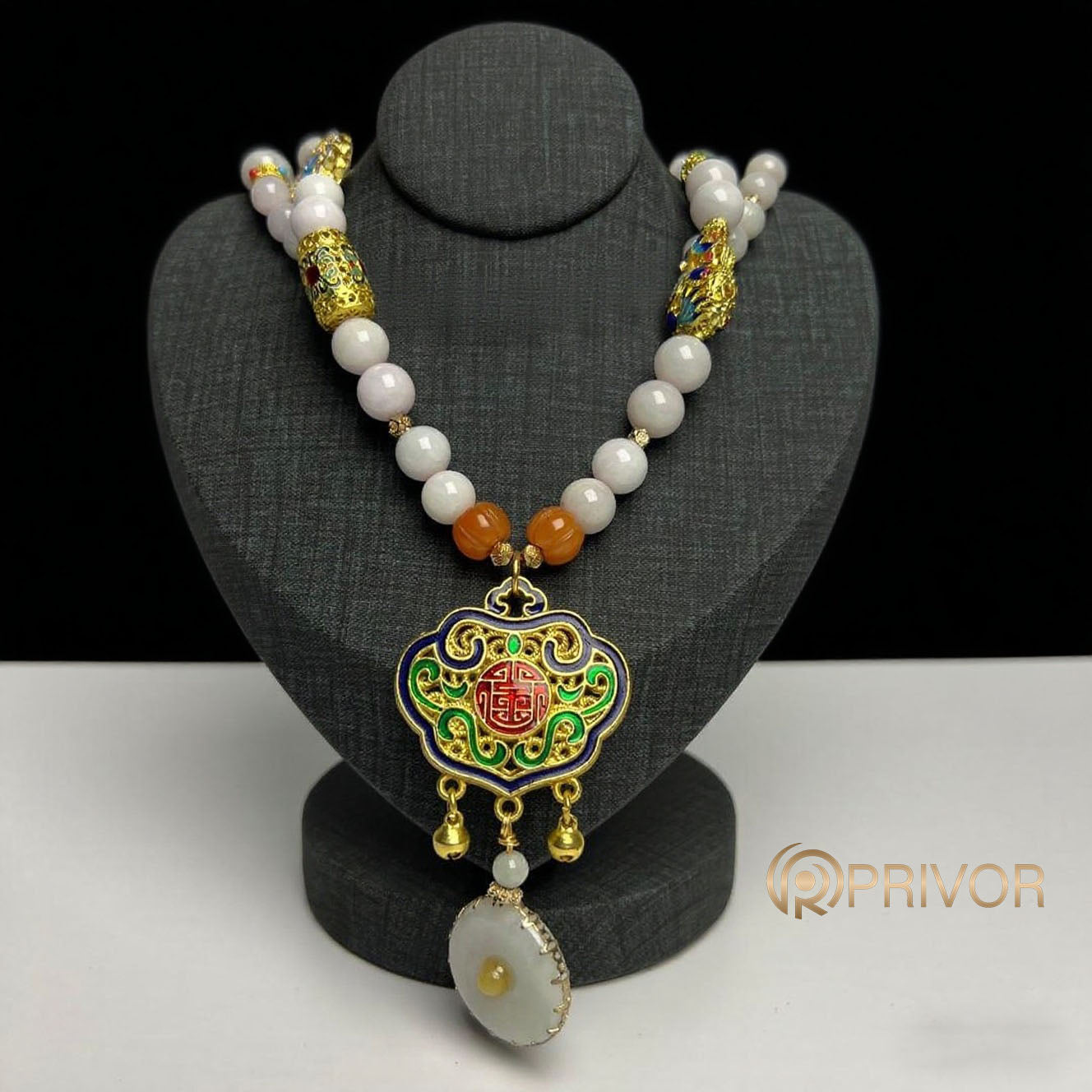 Cloisonné & Jade Beaded Necklace
