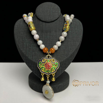 Cloisonné & Jade Beaded Necklace